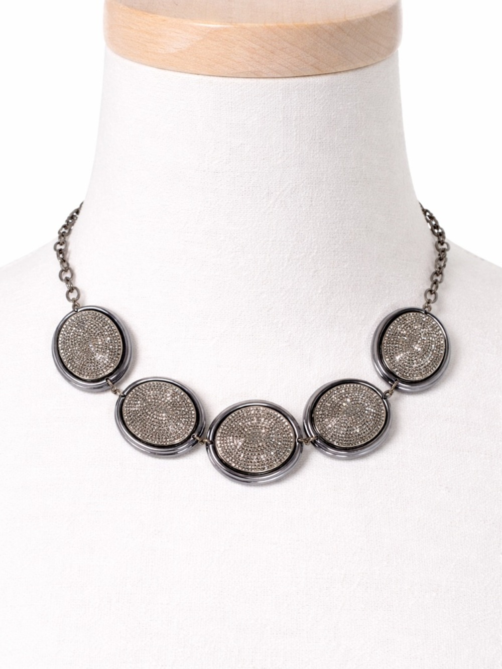 Gunmetal Pave Crystal‎ Disc Statement Necklace Silver Tone